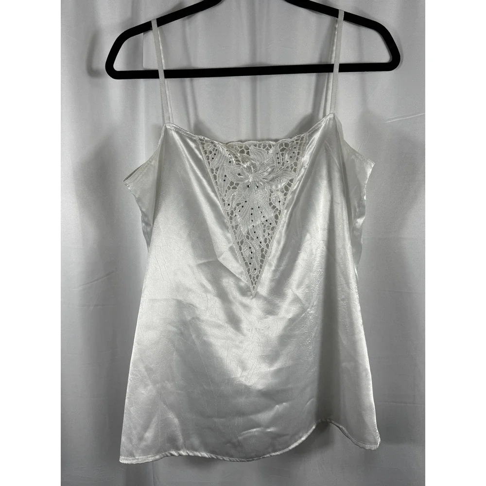 Vintage Cris Devi West Germany White Satin Lace Rhinestone Camisole Top Size 42